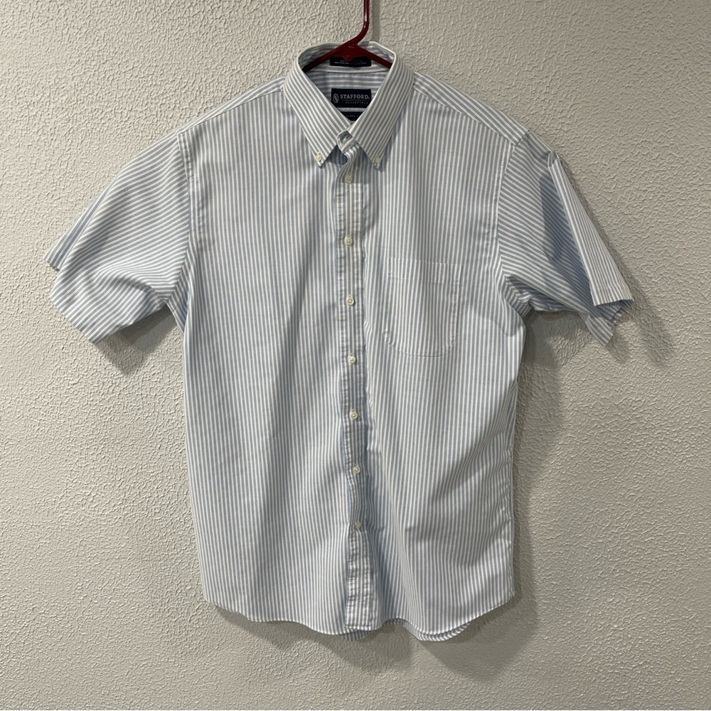 Stafford Essentials Shirt Mens 16.5 Blue Striped Cotton Short Sleeve Classic Fit